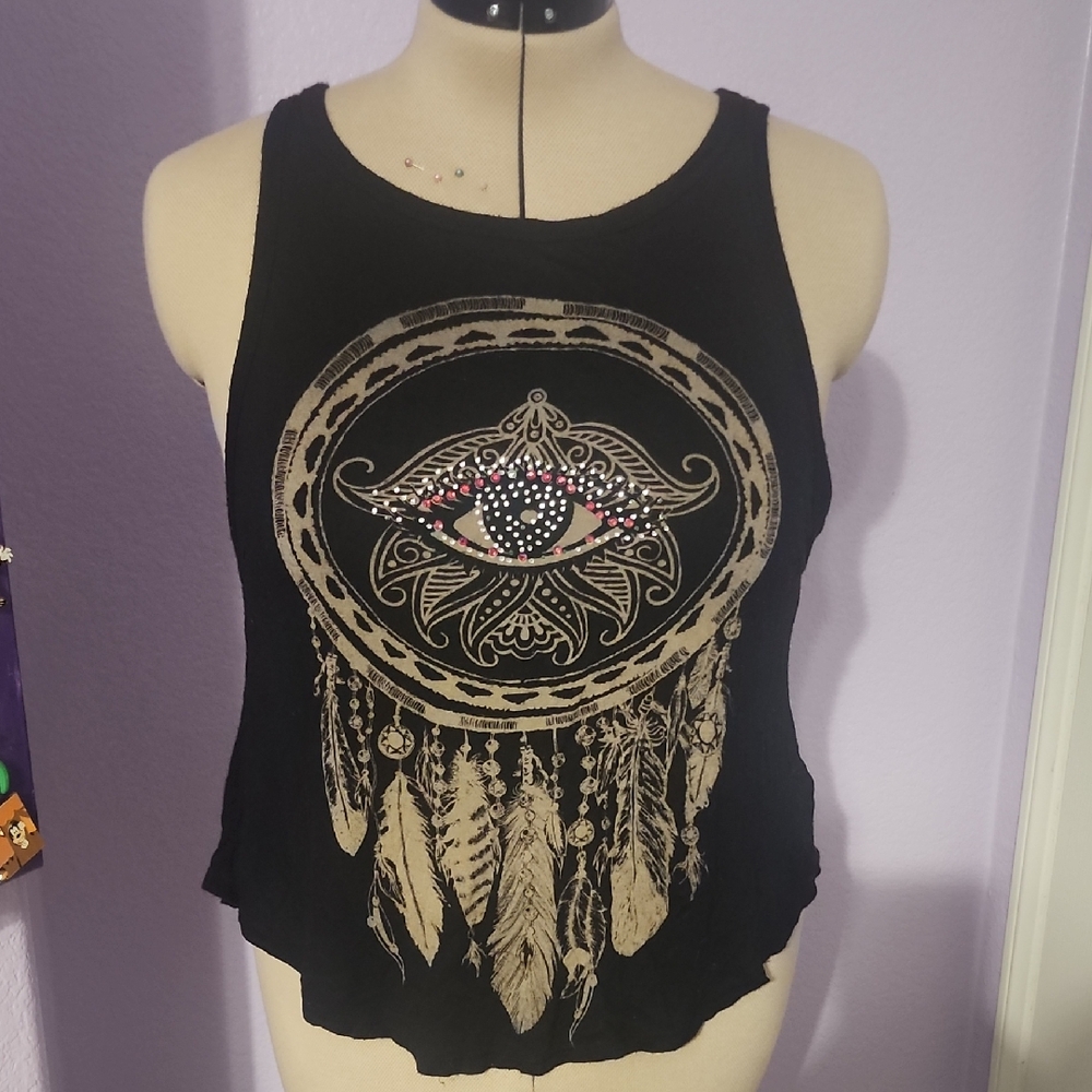 JC Fit Inc. Black Sleeveless Top with Rhinestone Eye and Feather Design
